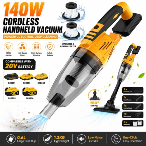 Sd7856ed406a34865a0e132ce5bf6616bp.webp 140W Cordless Handheld Vacuum Cleaner Bare Tool, Compatible with DeWALT 20V Battery, Portable Hand Vacuum with Multiple Nozzles & Washable HEPA Filter for Car Home Pet Hair Cleaning, Battery & Charger